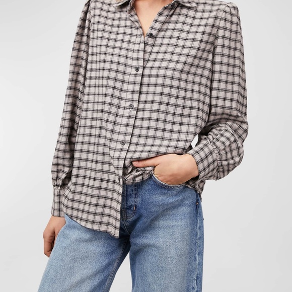 Rails Angelica Malt Onyx Puff Sleeve/ Plaid Button-Front Shirt - Size L - Picture 1 of 2